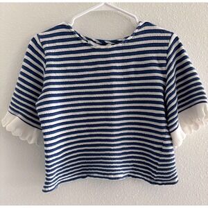 Sara Campbell‎ Top Womens Small Blue White Stripe Cropped Scalloped Resort Coast